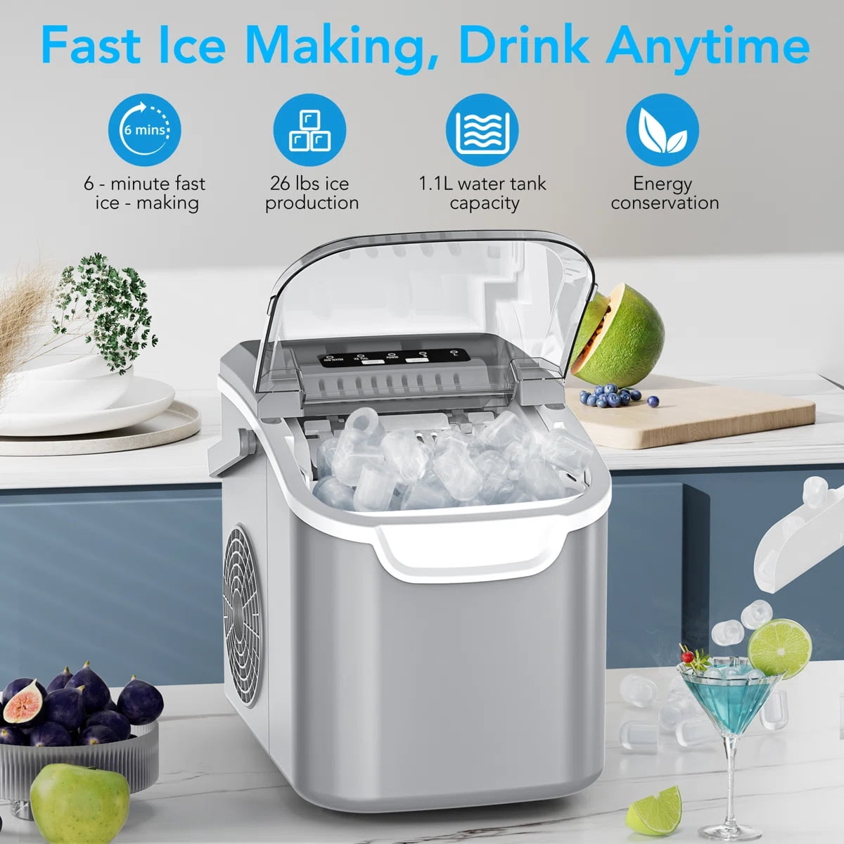 KNDKO Efficient Portable Countertop Ice Maker: Quick 8-Cube In 6 Mins, Up To 26Lb/Day, 2 Ice Sizes, Perfect For Home/Party/Travel GREY