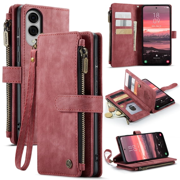 for Samsung Galaxy S25 Edge Wallet Case with Card Slots, Leather Detachable Wristlet Strap 3-in-1 Zipper Pocket and Magnetic Flip Folio, RFID Blocking Card Holder Stand Case for Women and Men,Red