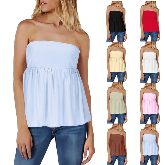 QIUOMBBP Strapless Tube Tops for Women Summer Sleeveless Pleated Solid Peplum Shirt Casual Outdoor Walking Tanks Red L