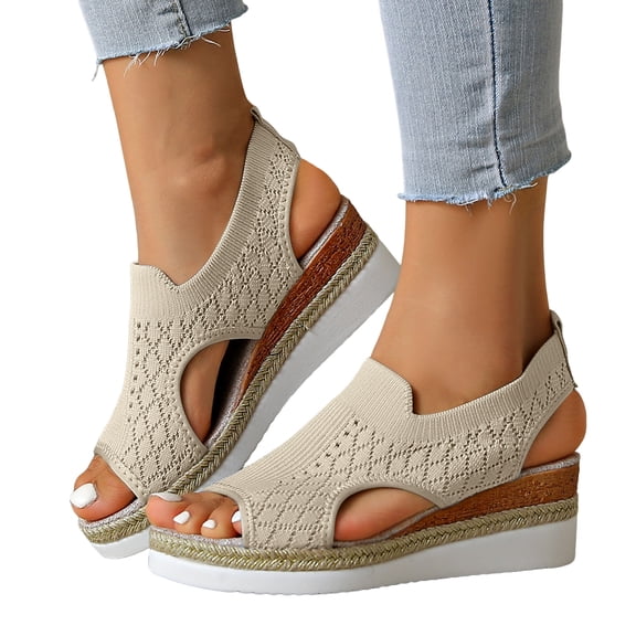 Rokment Womens Platform Wedge Gladiator Sandals Stylish Comfortable Elastic Mesh Espadrilles Memory Foam Chunky High Heels Athletic Slip on Walking Summer Shoes Beige Size 6