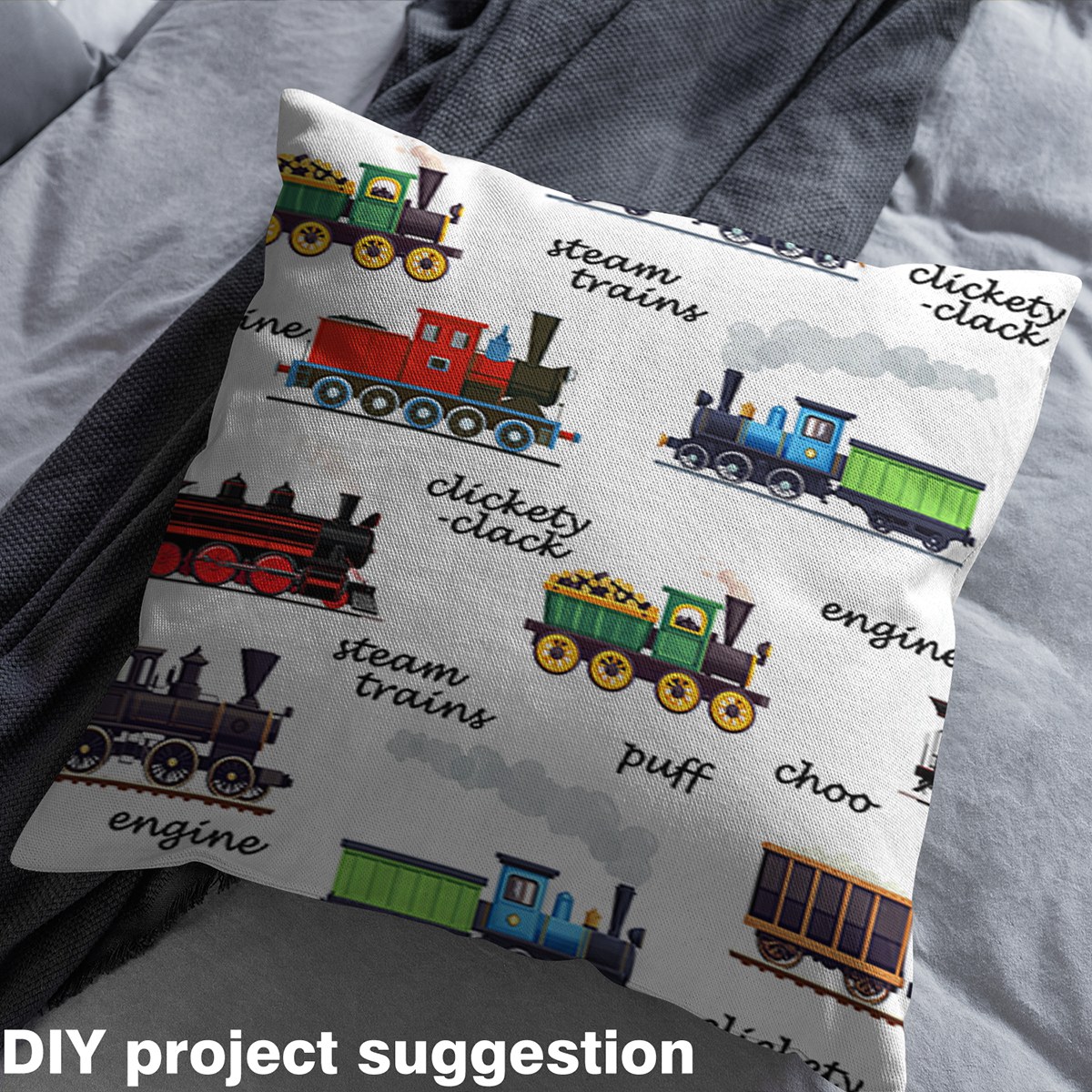 Feelyou Boys Cartoon Car Fabric by the Yard 1 Yard, Steam Engine Train Home Decor Fabric by the Yard, Truck Theme Sewing Fabric, Lightweight Room Decor