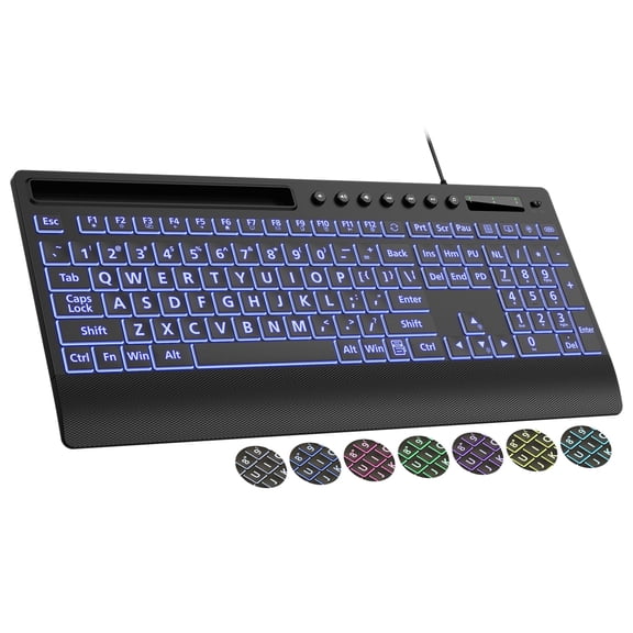 Large Print Wired Backlit Keyboard with Wrist Rest, Phone Holder, Backlight Memory, Quiet Keys, Ergonomic Keyboard for PC Laptop