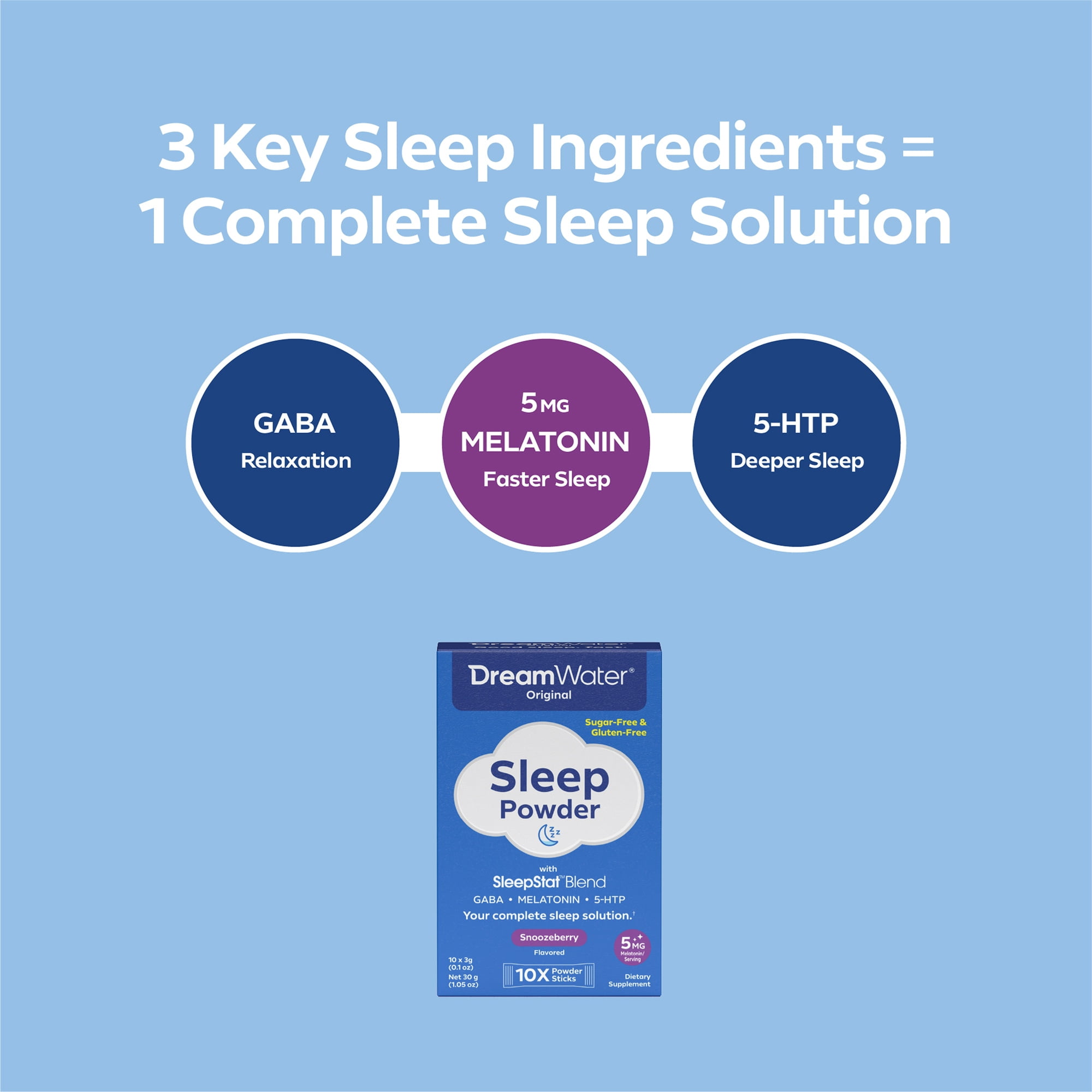 Dream Water Sleep Aid Snoozeberry Powder Packet W/ 5mg Melatonin, GABA, 5-HTP, 10-Count
