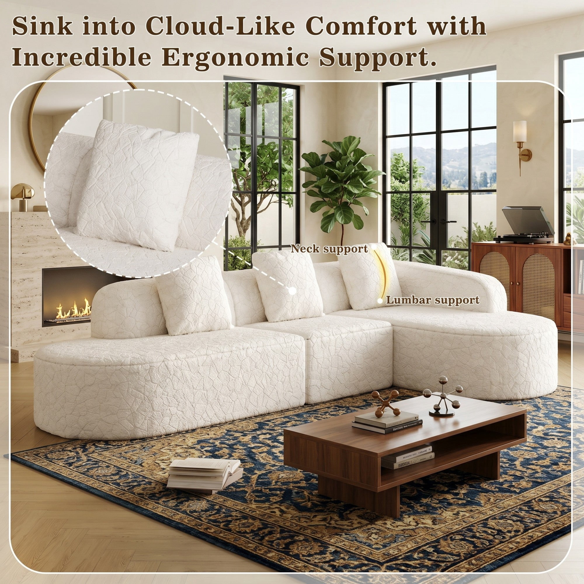 Sailvan 111.8" L-Shaped Curved Modular Sofa, Modern Lychee-Textured Sectional with Chaise, 3 Pillows White
