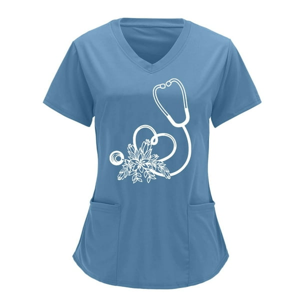 Tops Para Mujer Uniforme de Trabajo Tops Cuello en V Monos de Color Sólido Impresión de Posicionamiento Parcial Manga Corta Odeerbi ODB178712
