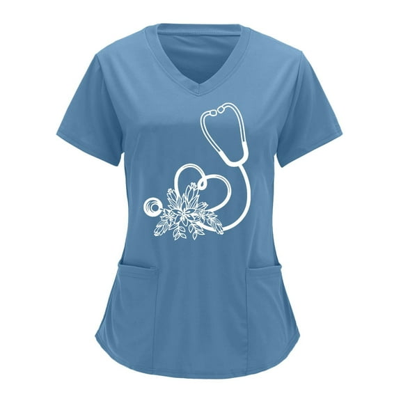 Lolmot Womens Scrubs Love Heart ECG Print Short Sleeve V-Neck Medical Scrub Tops Casual Stretch Nursing Uniform Working Uniform with Pocket