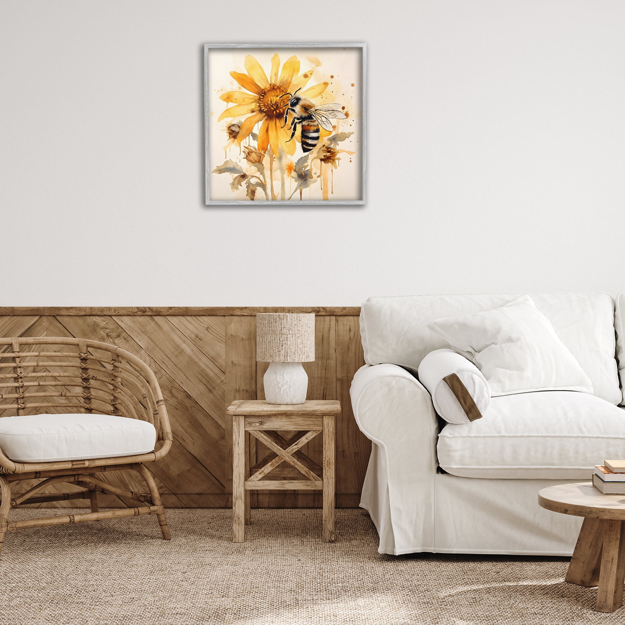 Stupell Industries Busy Bee with Flower Animals & Insects Painting Gray Framed Art Print Wall Art, 24 x 24