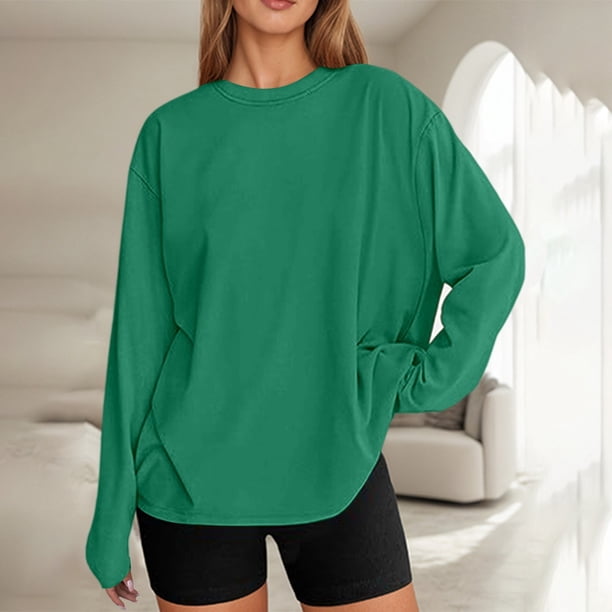 MHFRRA Camiseta de Manga Larga Oversize de Moda, Informal, Básica, con Cuello Redondo, para Uso Diario. Verde