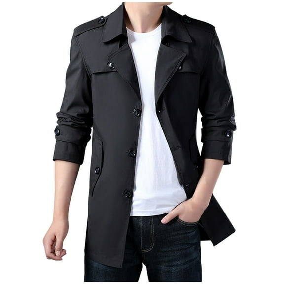 Wyobmus Men's Handsome Fashion Trench Coat Solid Color Button Pocket Overcoat Medium Long Sleeve Casual Windcoat Coat A-Black