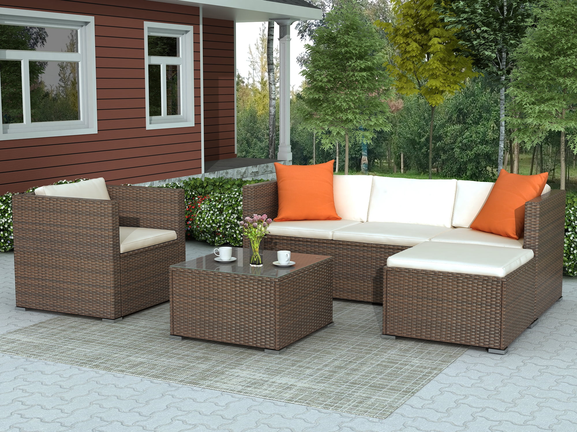 Wicker Patio Sets, 4 Piece Patio Furniture Sofa Sets with 3-Seat Sofa, Wicker Chair, Ottoman, Coffee Table, All-Weather Patio Conversation Set with Cushions for Backyard, Garden, Poolside