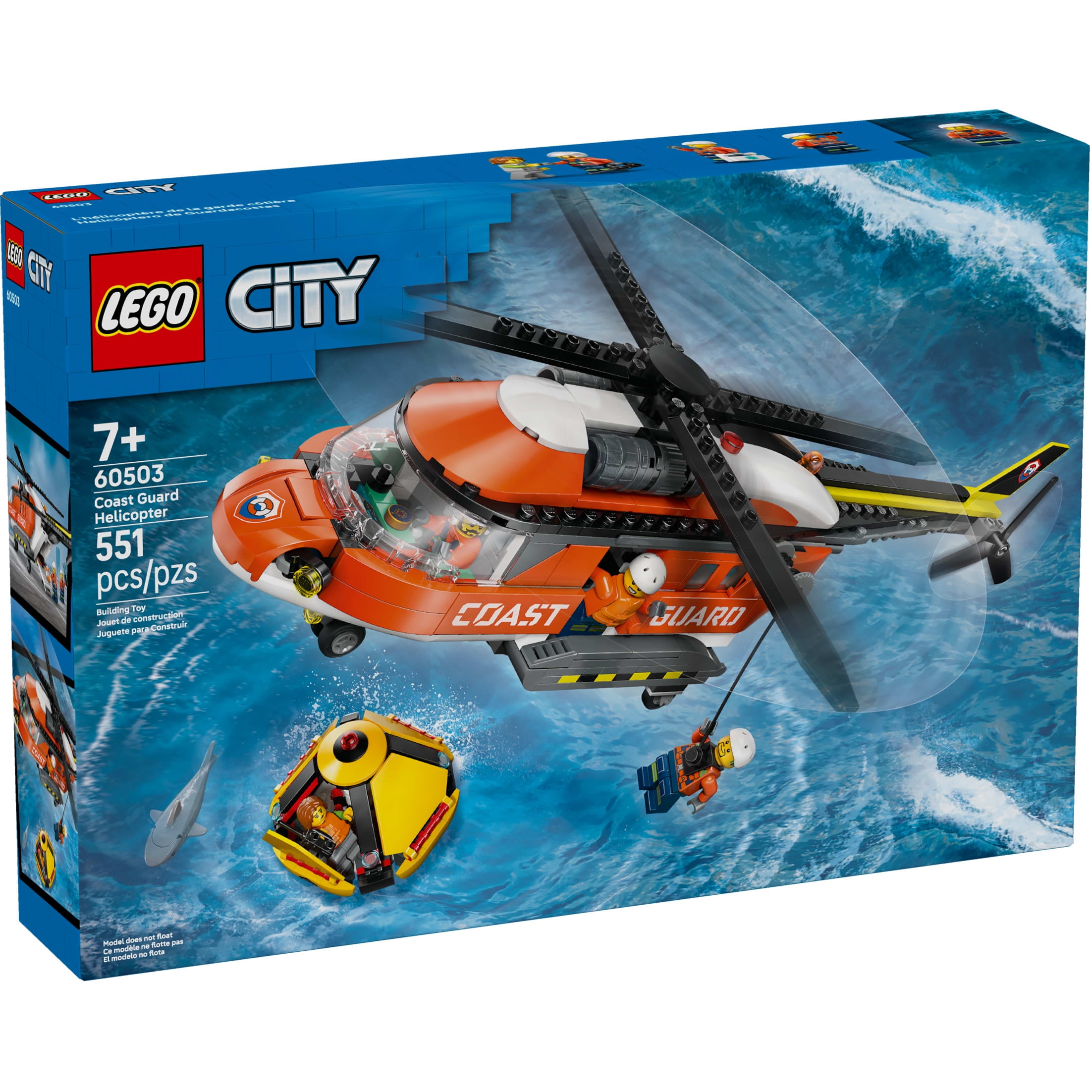 LEGO City Coast Guard Helicopter Building Toy for Kids - Pretend Play Emergency Response Set for Boys & Girls, Ages 7+ - Includes 4 Minifigures, Shark, & Rescue Pod - Gift Idea for Birthdays - 60503
