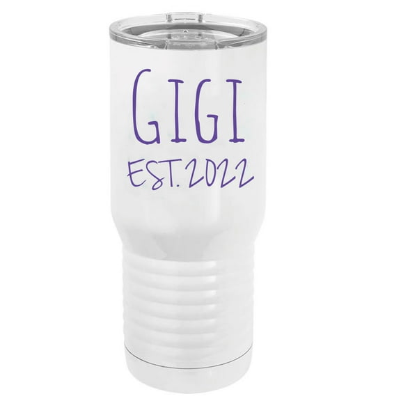 Gigi Est. 2022 Established Stainless Steel Vacuum Double-Walled Insulated 20 Oz Tumbler Travel Coffee Mug with Clear Lid, White
