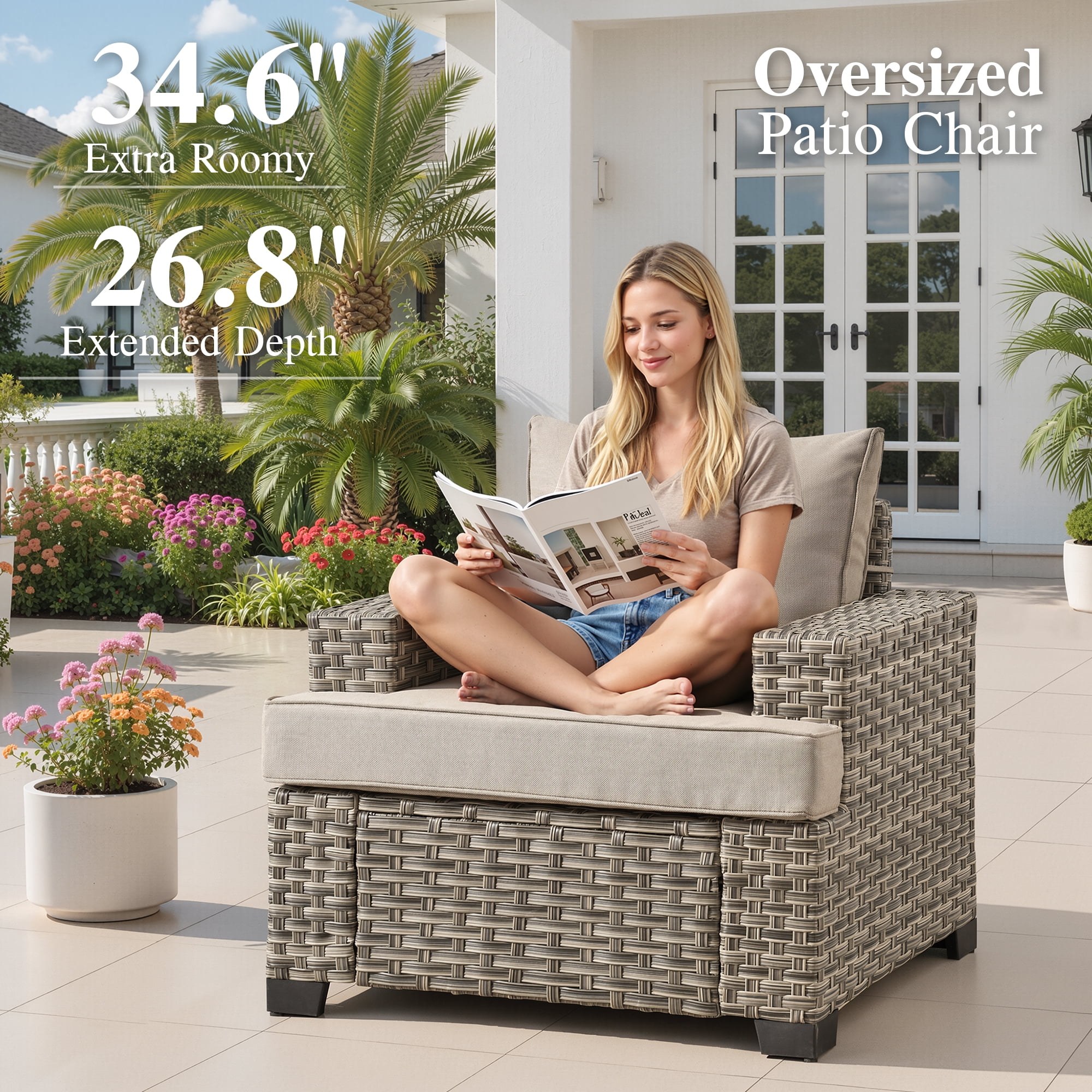 Ovios 7 Pieces Outdoor Patio Furniture Set All-Weather Rattan Wicker Sectional Sofa and Chairs with Ottomans, Beige