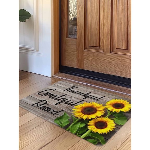 Farm Sunflower Door Mat Indoor Outdoor Entrance, Non Slip Rug for Kitchen Bathroom Entryway Rug, Positive Floral Vintage Brown Wooden Washable Doormat Floor Mat for Office Home Decor 24x36 Inch