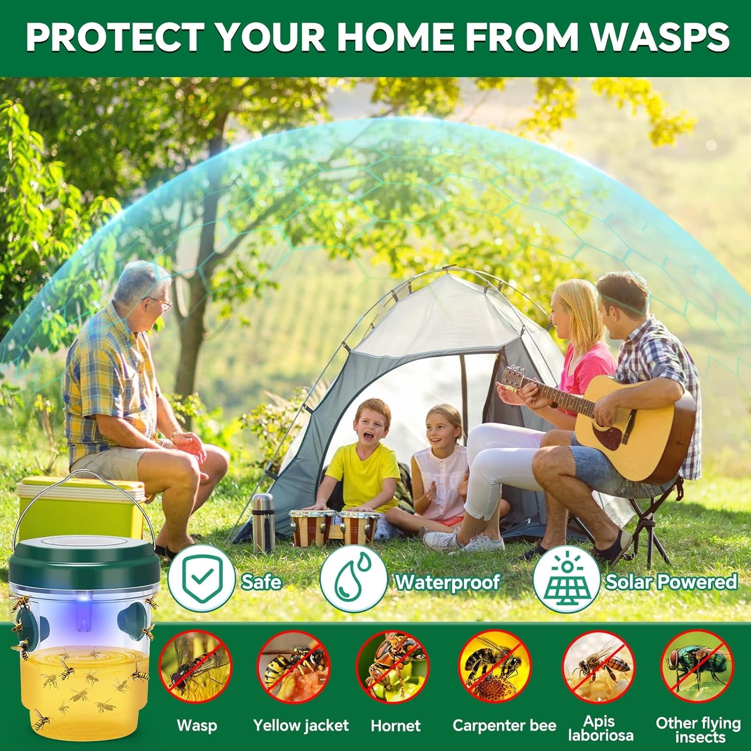 Wasp Trap, 4 Pack Solar Wasp Traps Outdoor Hanging, Wasps Killer Reusable Yellow Jacket Hornet Trap with LED Light, Carpenter Bee Traps for Outside Garden, Patio, Orchard, Camping