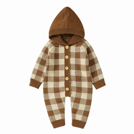 

nsendm Christmas Outfits Boys Unisex Baby Girl Boy Knitted Romper Jumpsuit Plaid Button Down Hooded Boys Zip Hoodie Sweater Coffee 0-3 Months