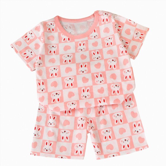 Xudanell Baby Girl Summer Outfits Cute Print Short Sleeve Infant Girl Outfits Top And Matching Shorts Set Soft Light Pink 9-18 Months