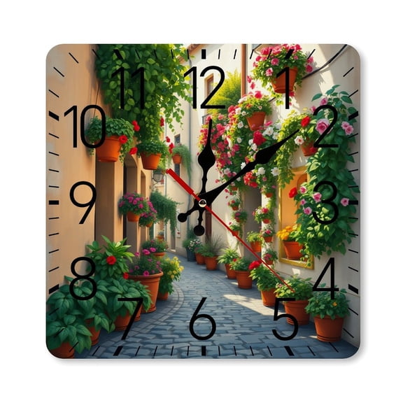 RKSupls 10×10inch Square Silent Wall Clock Wooden Frame, European Alley Flowers Scale Decorative Clock for Home Bedroom Living Room Office