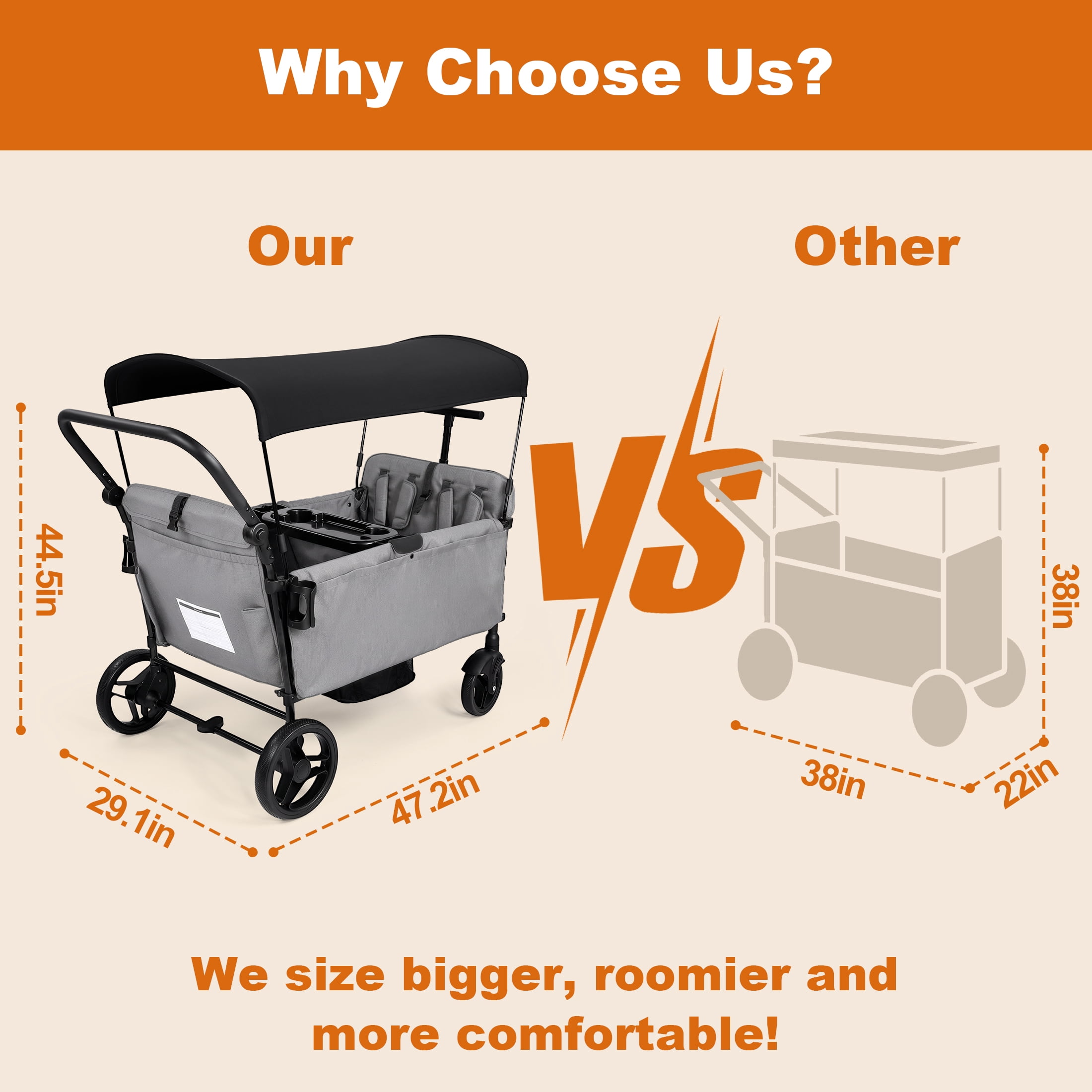 Vomeast Wagon Stroller for Kids,Spacious 4-Seater Stroller Wagon with Adjustable Canopy,Pull & Push Handle,5-Point Harness,Foldable for Toddlers, Gray
