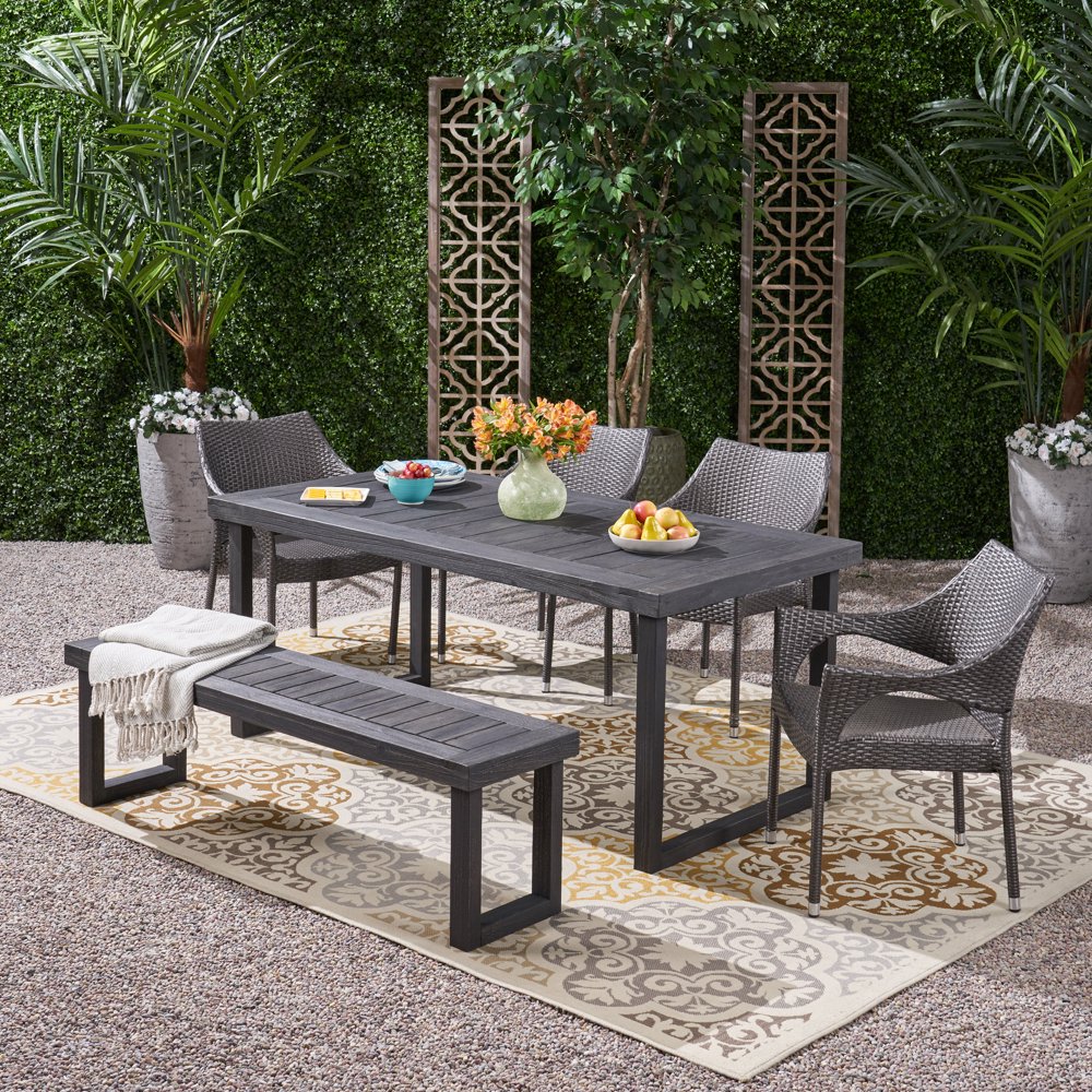 Amina Outdoor 6 Piece Acacia Wood Dining Set with Bench and Wicker