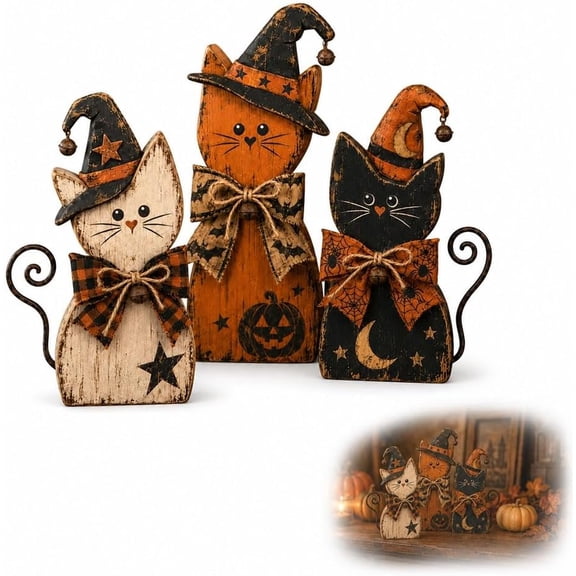 Vintage Halloween Witch Cat Decor Set, 3-Piece Resin Figurine Collection with Moon, Rustic Gothic Farmhouse Ornament for Mantel Tabletop Display, Fall Autumn Harvest Home Accent