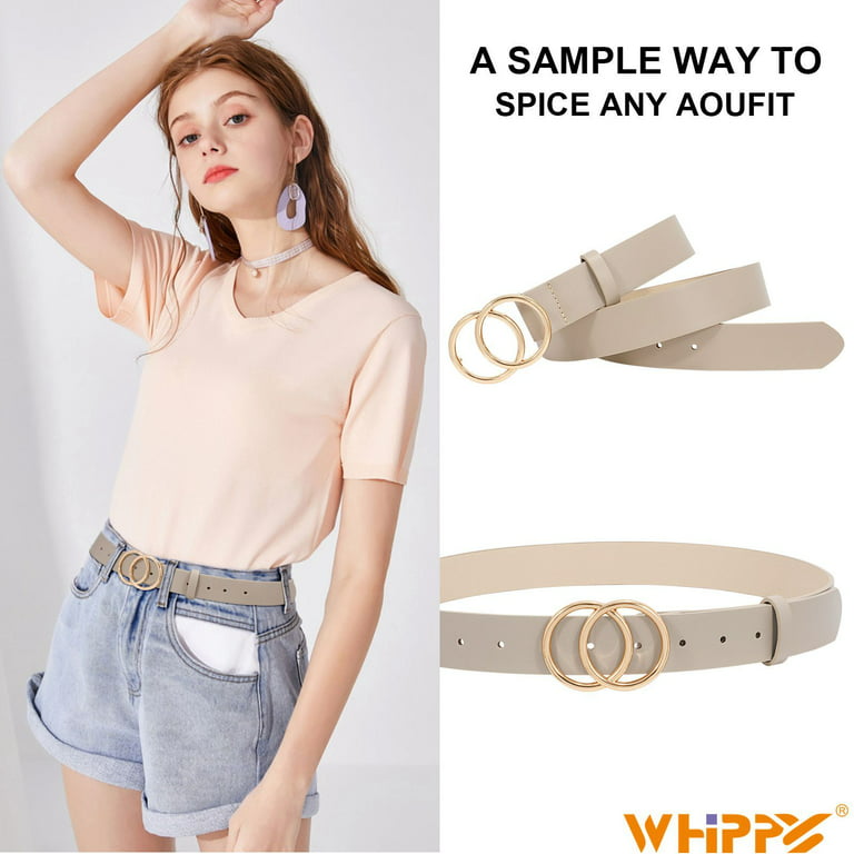 WHIPPY Women Leather Belt with Double Ring Buckle, Beige Waist