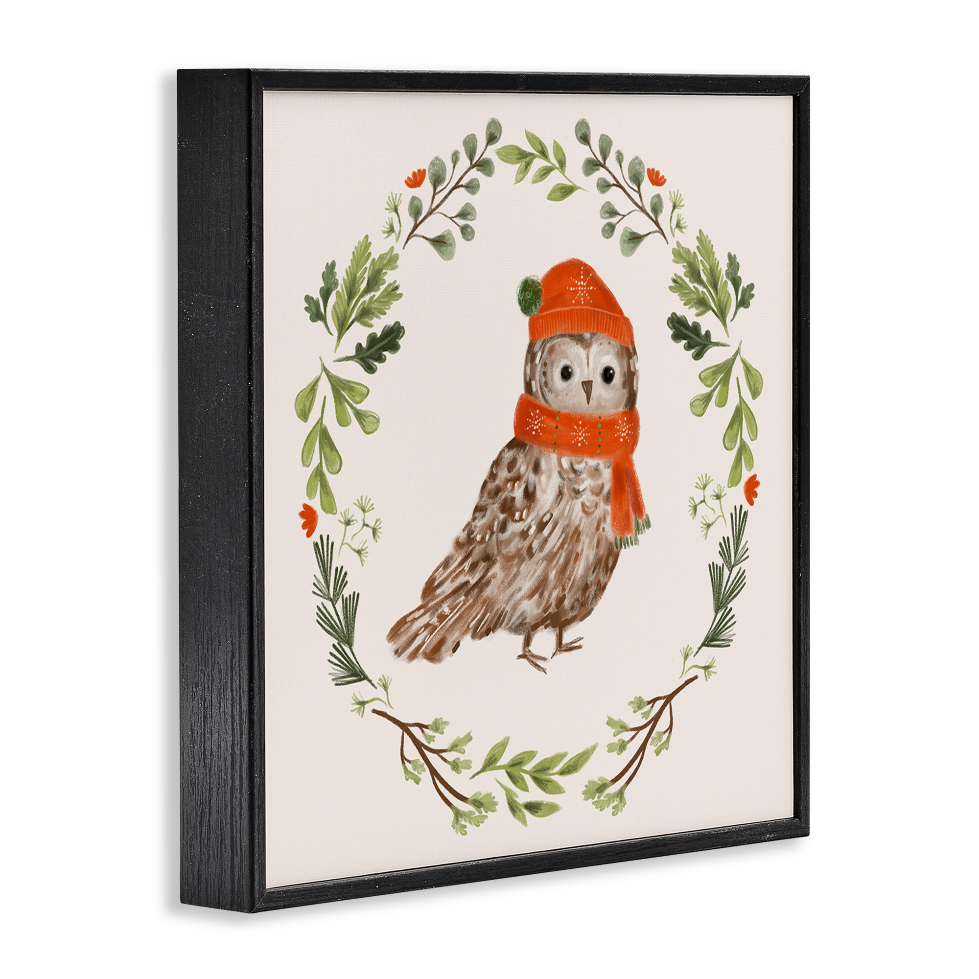 Stupell Industries Holiday Owl Wreaf Holiday Painting Black Framed Art Prints Wall Art, 24 x 24