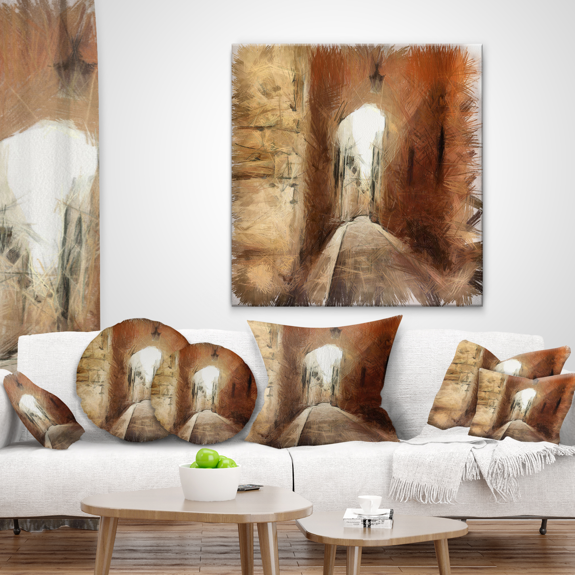 Designart Brown Old City Street Drawing - Landscape Printed Throw Pillow - 18x18
