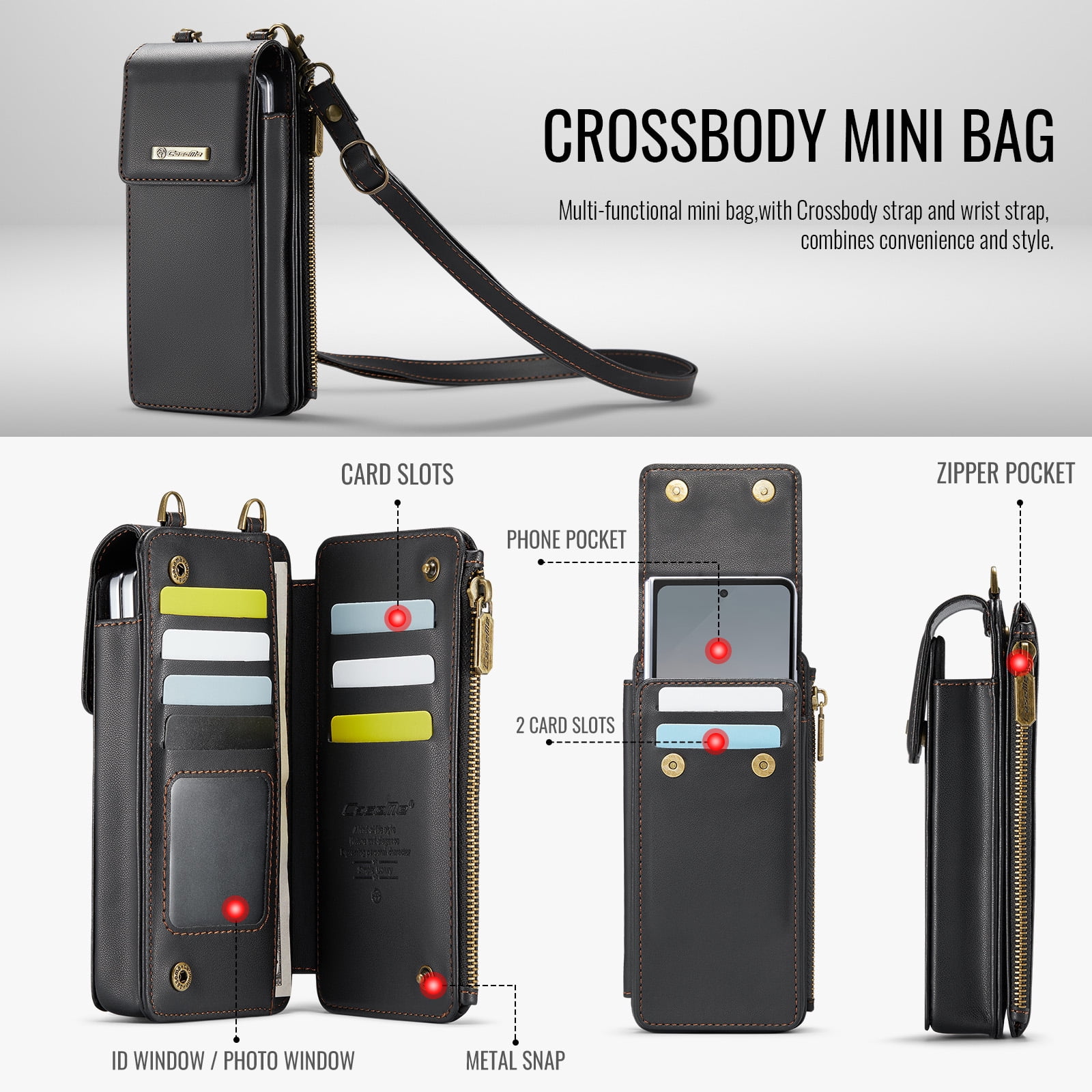 Crossbody Phone Bag Purse Wallet Case for iPhone/Galaxy/Pixel Series Cell Phones (Less Than or Equal to 7.6"), with Shoulder/Wrist Strap Lanyard, RFID Blocking Card Slots, PU Leather Bag, Black