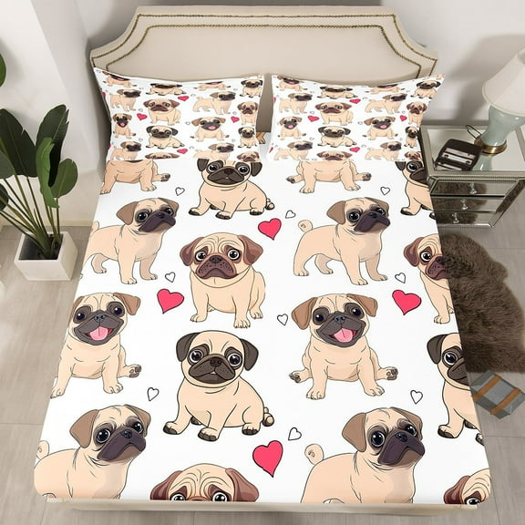 Erosebridal Cute Pug Dog Fitted Sheet Twin, Animal Pet Theme Bedding Set Twin Size , Lightweight 2 Pieces