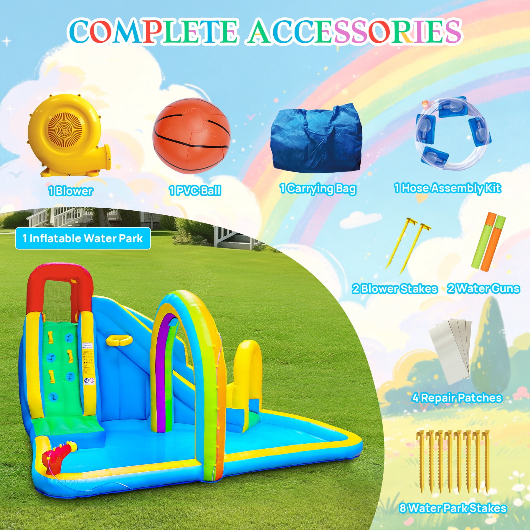 WELLFUNTIME Inflatable Water Slide Park with Blower, Bounce House for Kids with Splash Pool and Rainbow Sprinkler