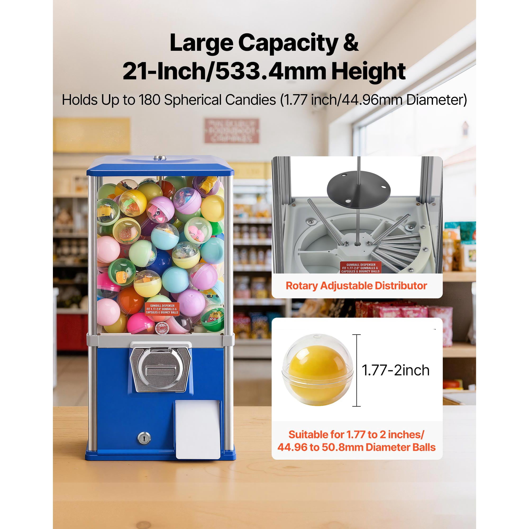 KFFKFF 21-Inch Tall Candy Vending Machine, Coin-Operated Dispenser for Shopping Centers, Supermarkets, Entertainment Venues, and Arcades, Accommodates Up to 180 1.77-Inch Round Candies