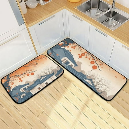 

Cartoon Chinese Architecture Kitchen Mat Set of 2 Cushioned Non Slip Rugs for Bedroom Floor Runner Mats
