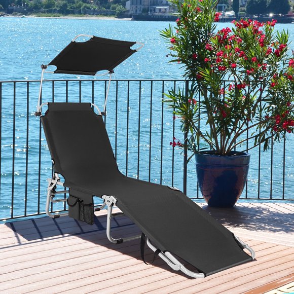 Costway Foldable Sun Shading Lounge Chair Adjustable Beach Sunbathing Recliner W/Pocket