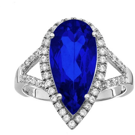 5th & Main Platinum-Plated Sterling Silver Large Slender Teardrop-Cut Blue Obsidian Pave CZ Ring