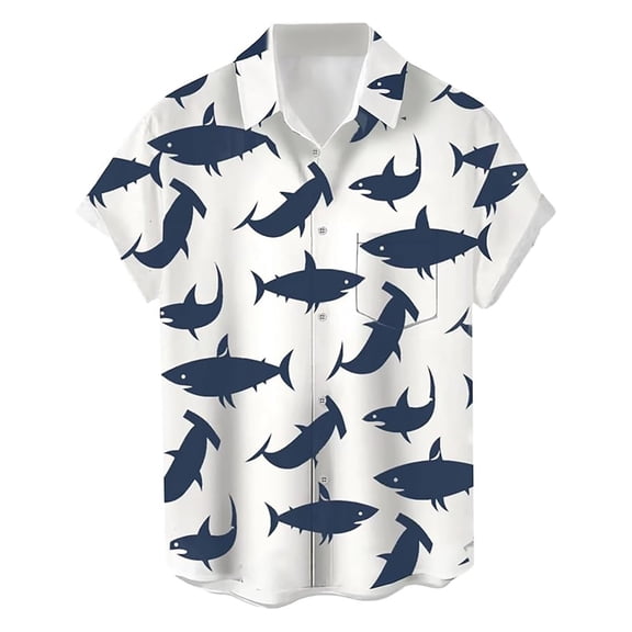 Hawaiian Shirt for Men Short Sleeve Shark Print Button Up Lapel Tops Casual Summer Breathable Mens Beach Shirts White S