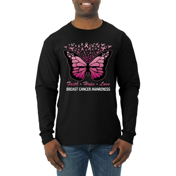 Wild Bobby Faith Hope Love Butterfly Ribbons Breast Cancer Awareness Men Long Sleeve Shirt, Black, Small