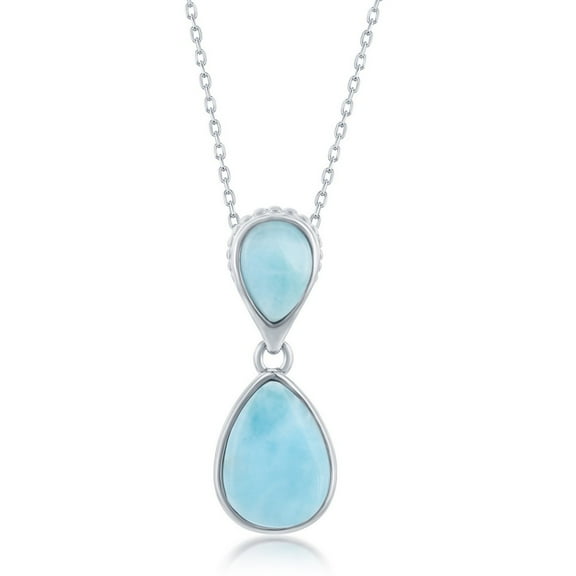 925 Sterling Silver Rhodium Plated High Polished Double Pear-Shaped Natural Caribbean Larimar Gemstone 18’’ Pendant Necklace