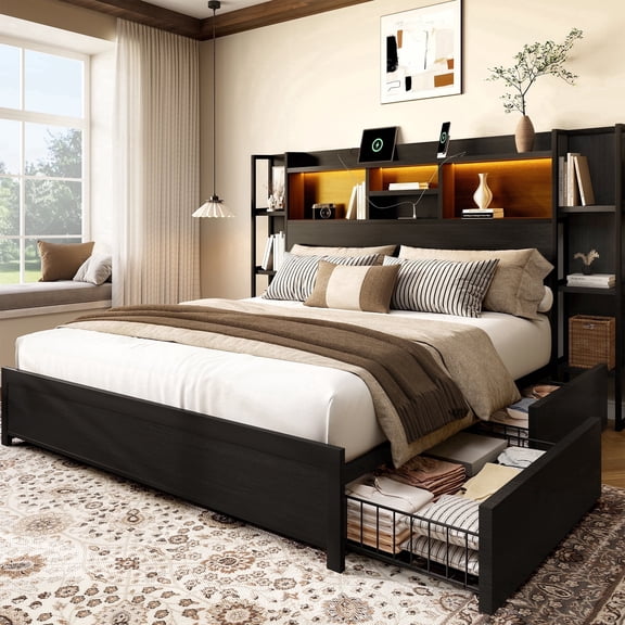 Breltam King Size Wooden Platform Bed Frame with 4 Storage Drawers, Open Shelf Headboard Built with LED Lights and Charging Station, Sturdy Support Legs Included, No Box Spring Required, Black