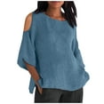 thumbnail image 2 of QUNYINEY Womens Spring Tops Cold Shoulder Casual Solid Crew Neck Blouses Cotton Linen Loose Short Sleeve Pullover Tops, 2 of 6