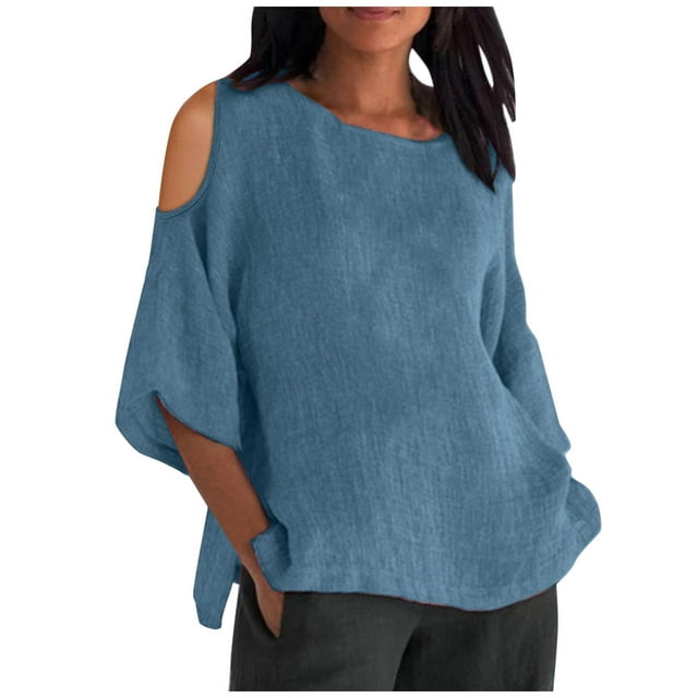 fatyb Women's Cold Shoulder Tops Summer Casual Short Sleeve Loose Blouses Plain Lightweight Tee S-5XL
