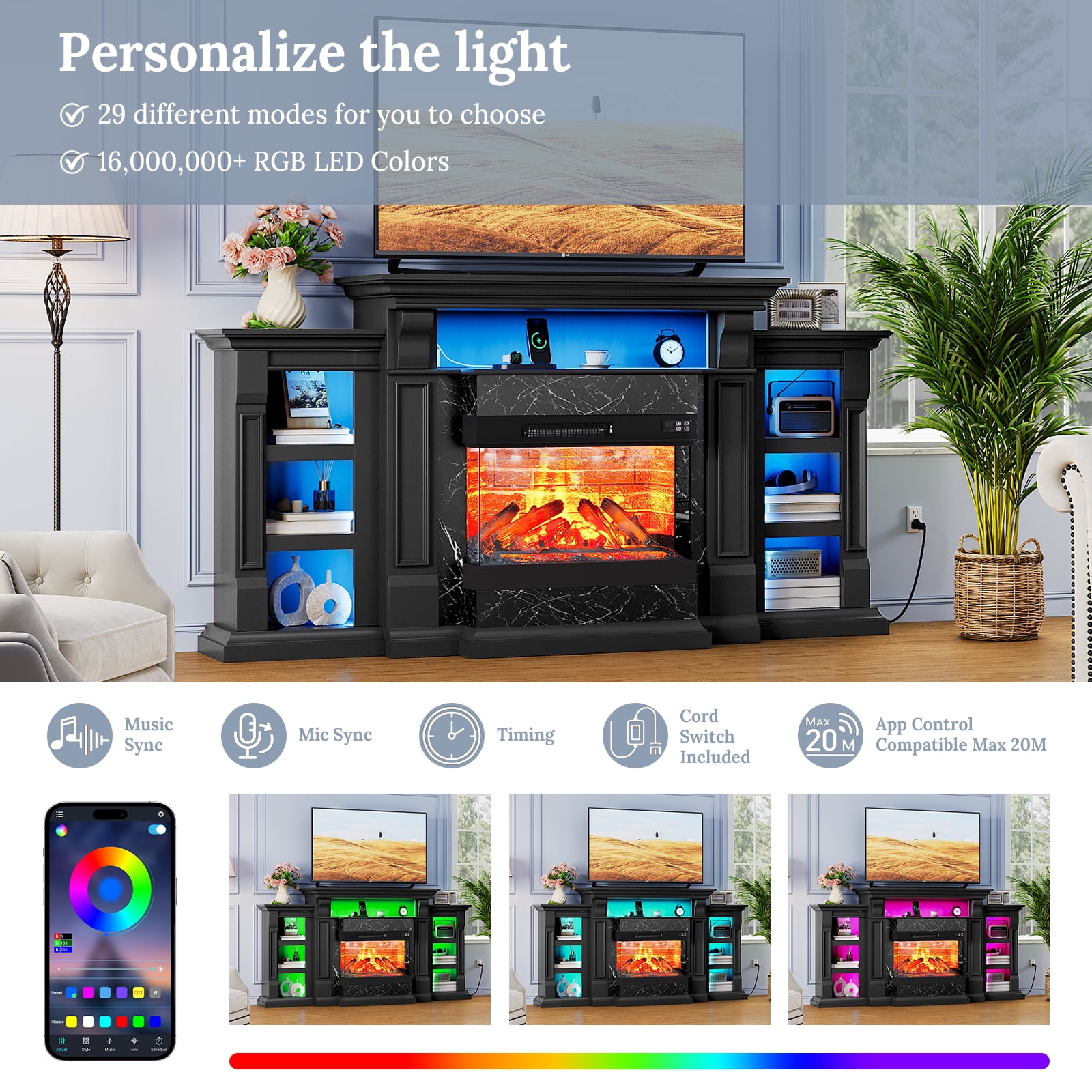 Holliwill 3-Sided Glass 72" Fireplace TV Stand for TVs up to 80", Electric Fireplace with Mantel, Entertainment Center TV Console with Charging Station & LED Lights for Living Room, Black