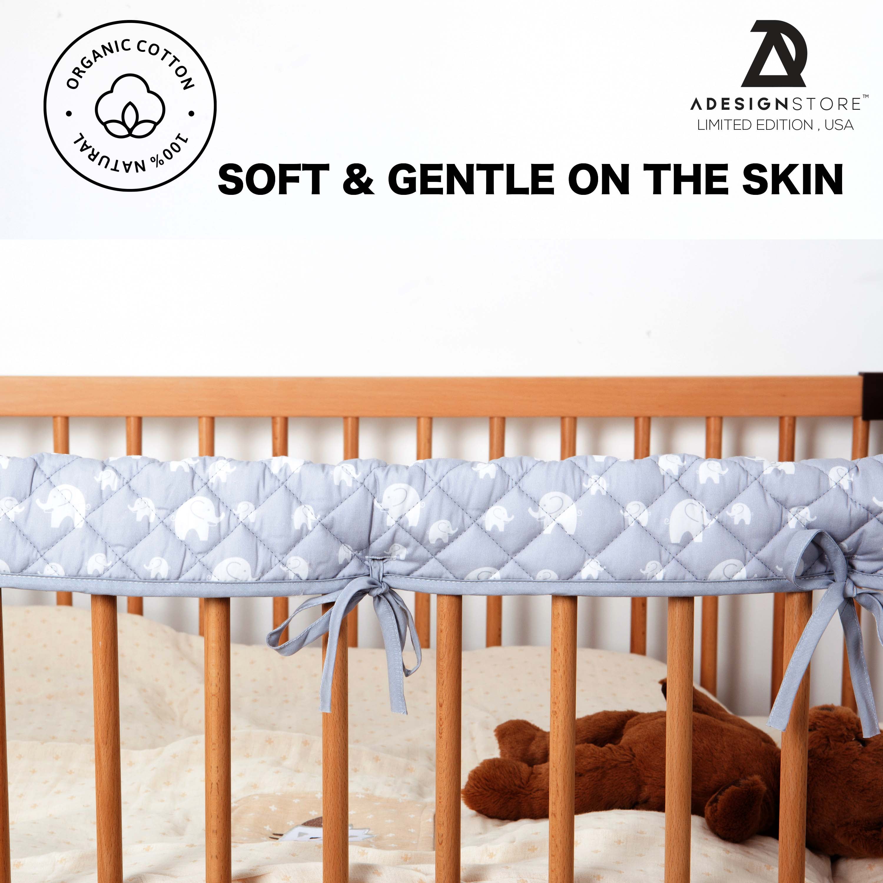 100% Cotton Fabrics Solid White 2-Pack Side Crib Rail Guard Padded Protectors 