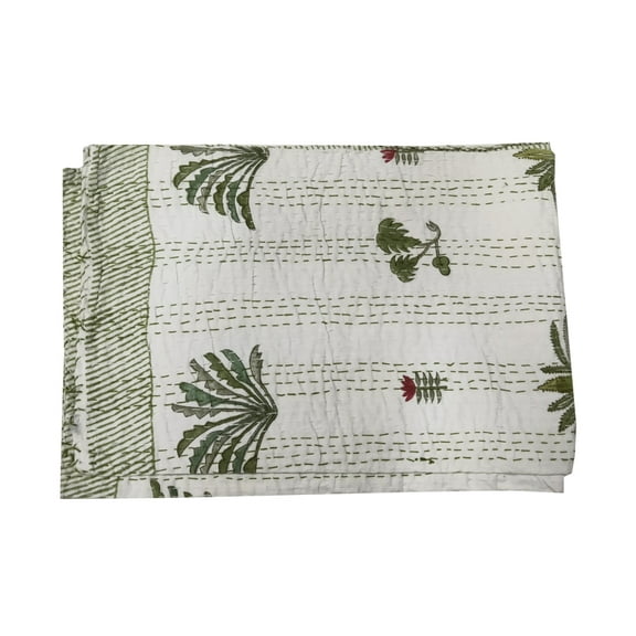 Hand Block Print bedspread Indian Kantha Quilt Décor Vintage Bohemian Coverlet Blanket Gudri Floral Print Single Size White Colour