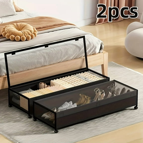 2-Pack 36" Under-Bed Storage Box with Wheels & Lid, Metal Rolling Organizer for Clothes, Shoes, Toys, Blankets, Bedroom Storage Container