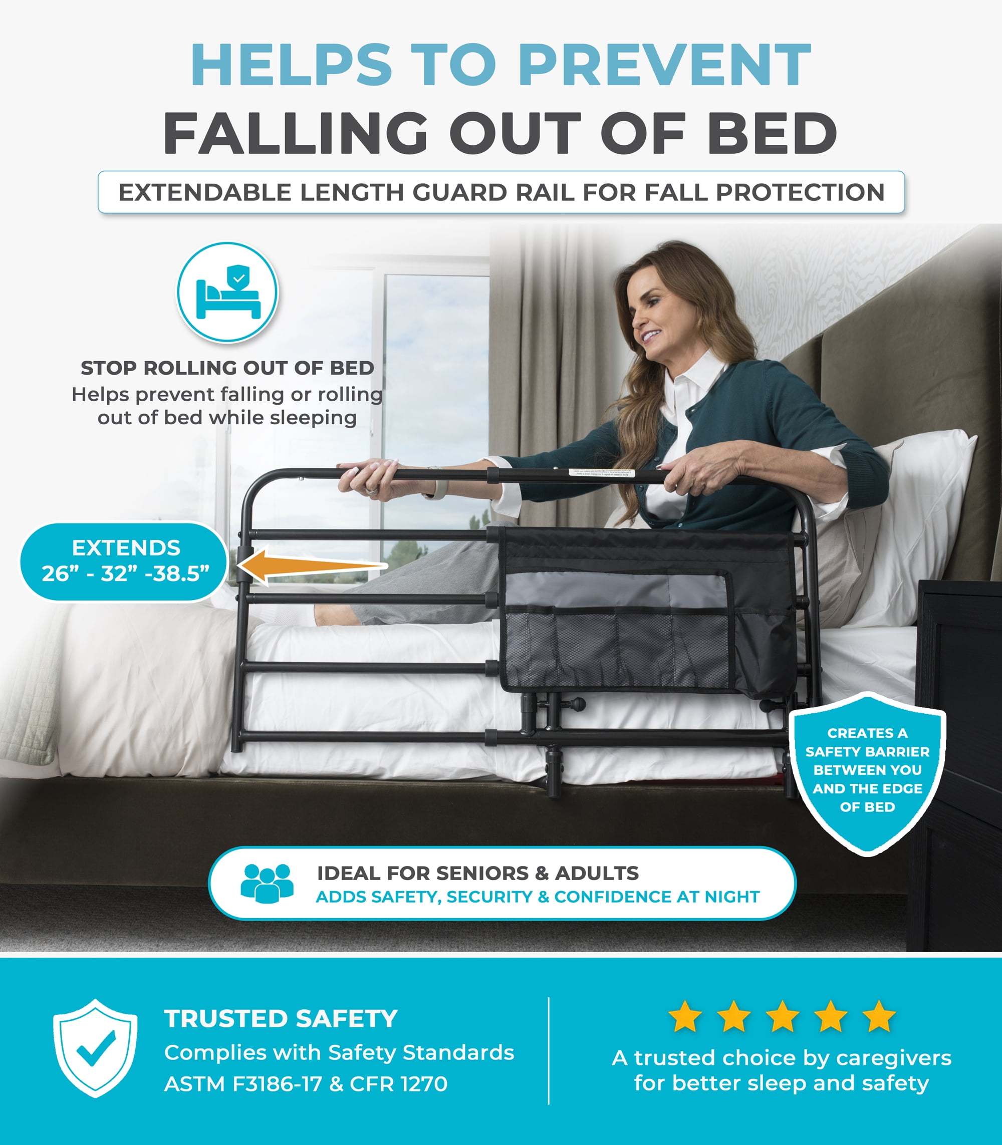 Stander Wonder Pivot Bed Rail Tall, Adjustable Safety Assist Railing with Swing Down Guardrail for Elderly Adults, Fits Taller Mattresses 8 to 16 Inches Thick, ASTM Safety Approved Bedrail, Black