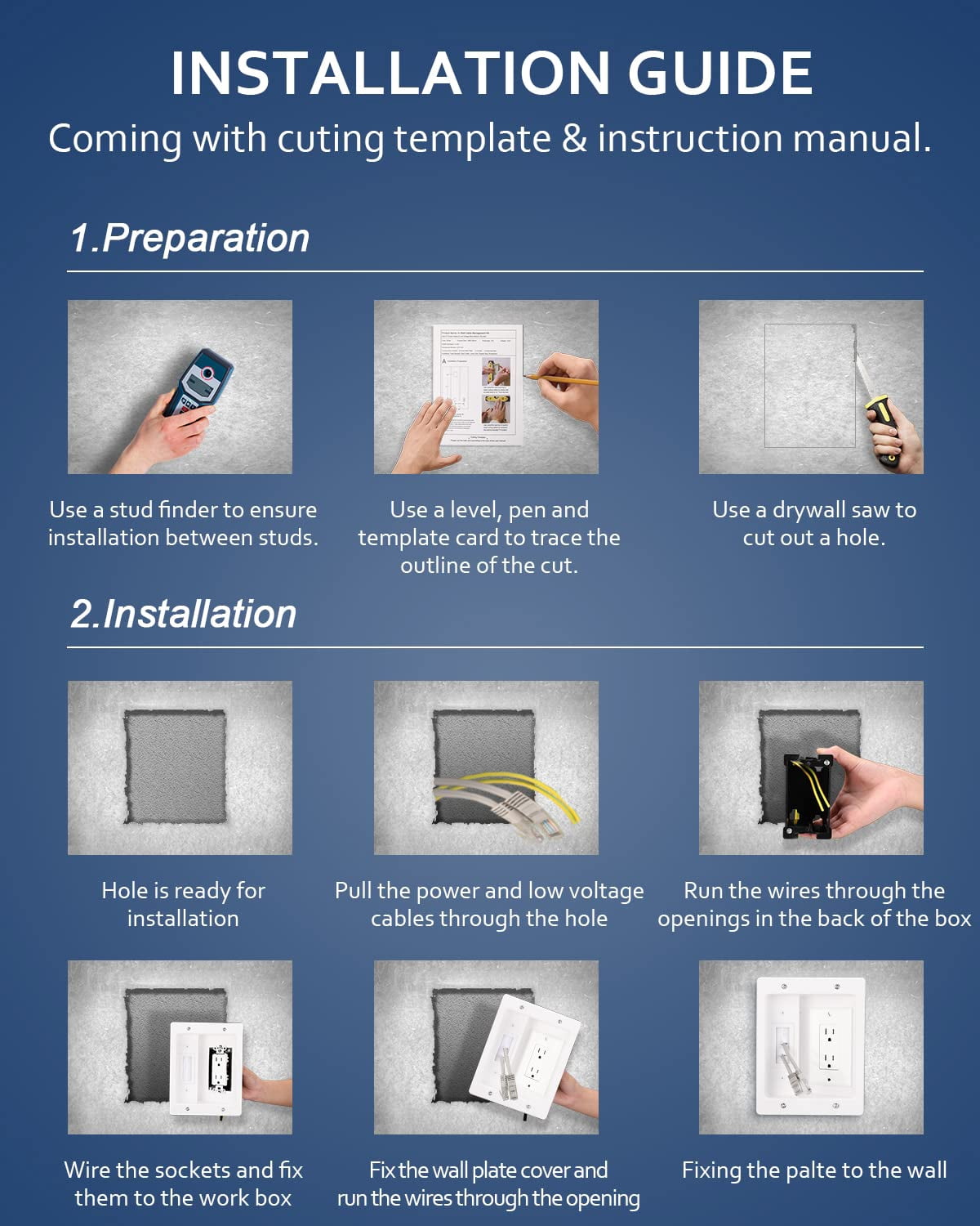 Stripoo In Wall Cable Management Kit for TV, Recessed Outlet Wall Plate Cable Pass Through Power Wire Hider Kit Wall Mount , Home Office Theater Systems,White