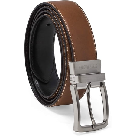 Steve Madden Men's Dress Casual Every Day Leather Belt 40 Cognac/Black (Feather Edge)