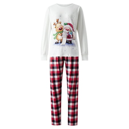 

Wassery Parent Child Christmas Pajamas Sets Cartoon Print Long Sleeve Round Neck Pullover Tops Plaid Pattern Long Pants Baby Bodysuit