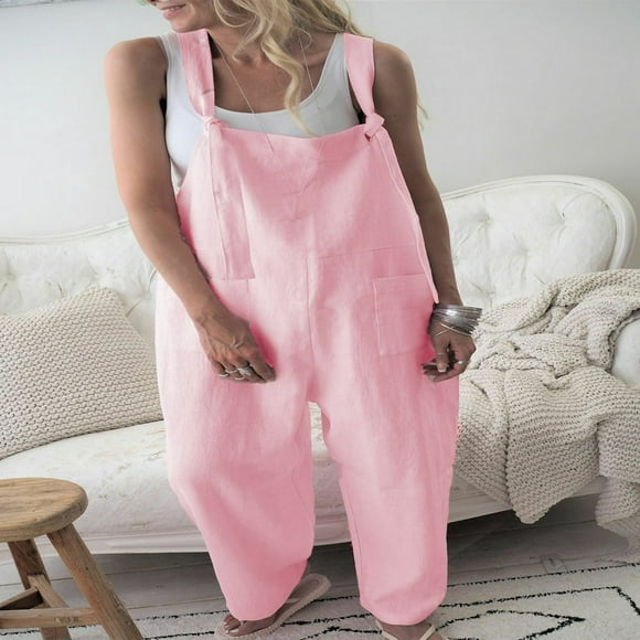 AMERTEER Pudcoco US Womens Casual Loose Linen Pants Cotton Jumpsuit Strap Harem Trousers Overalls